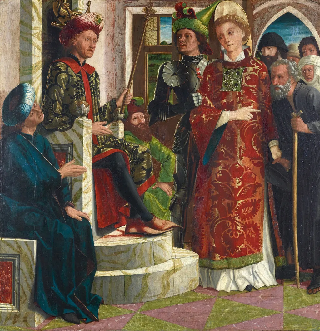 Der hl. Laurentius vor Kaiser Decius, by Michael Pacher, unspecified, 1465