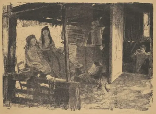 Untitled (2 girls in a barn), by Daniel Albert Veresmith, ink, 1917