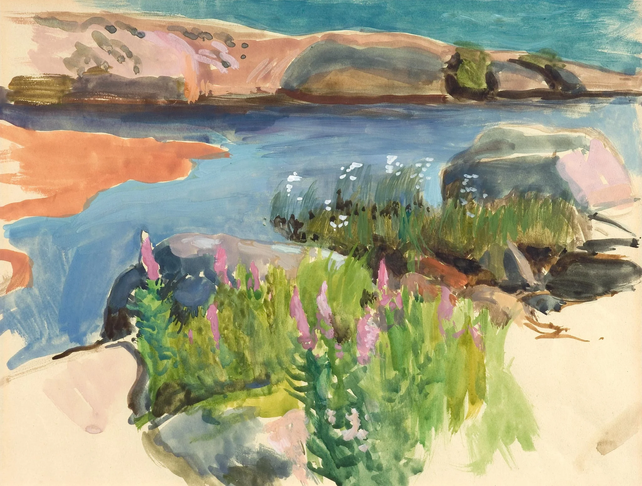 Kiviä, rantakukkia, vettä, detail