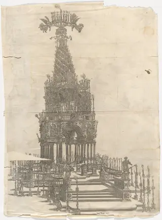 Catafalque in the Cathedral of Piacenza for Odoardo Farnese, Duke of Parma and Piacenza, by Giovanni Noati, ink, 1647