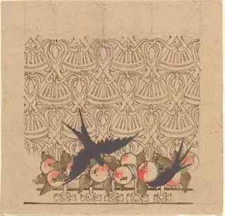 Ornamental design with two birds pecking at fruit, by Karel Vitezslav Masek, ink, 1894