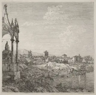 View of a Town with a Bishop's Tomb, by Canaletto, ink, 1740