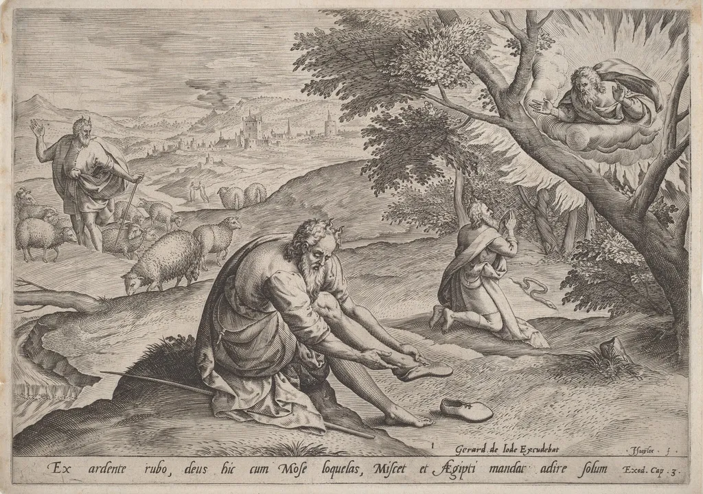 God Appearing to Moses, by Jan Sadeler I, ink, 1585