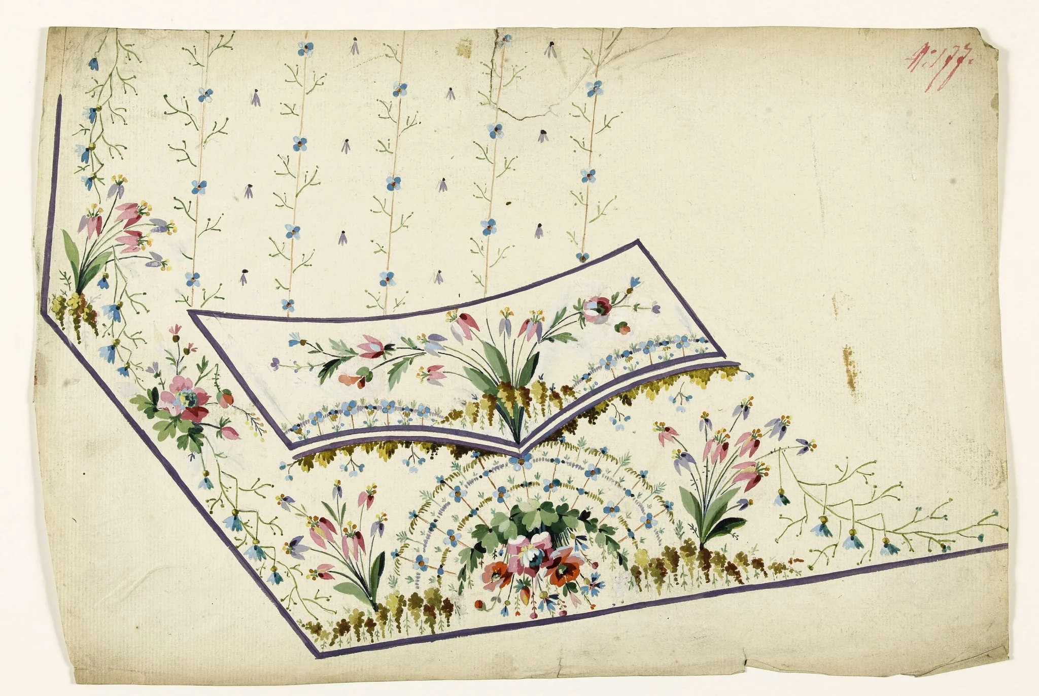 Bouquet suspendu surmonté d'un motif floral rayonnant, bouquets de fleurs et grappes, rayures fleuries, projets de broderies de gilet, XVIIIème siècle, detail