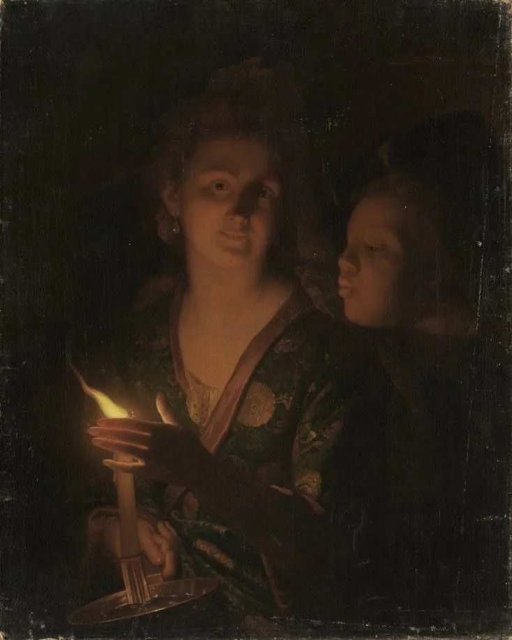 Woman with a candle that a boy tries to blow out, detail