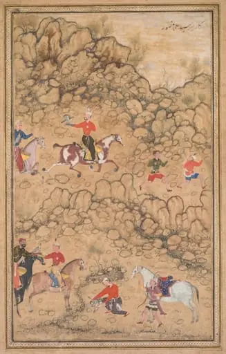 Hunting with falcons in a landscape (recto), by Abd al-Samad