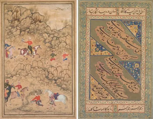 Hunting with falcons in a landscape; verso: Calligraphy of Chaghatai Turkish poems in praise of wine, Sultan Muhammad Nur (Persian, c. 1472–1536) and Mirza Muhammad (probably Persian, active c. 1520s), by Abd al-Samad