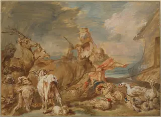 Noah Leading the Animals into the Ark, by Giovanni Benedetto Castiglione, oil, 1645