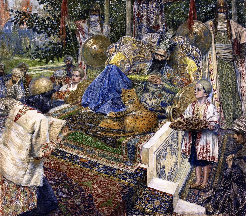 Ferdowsi is reading "Shahnameh" poem to Shah Mahmud of Ghazni, detail