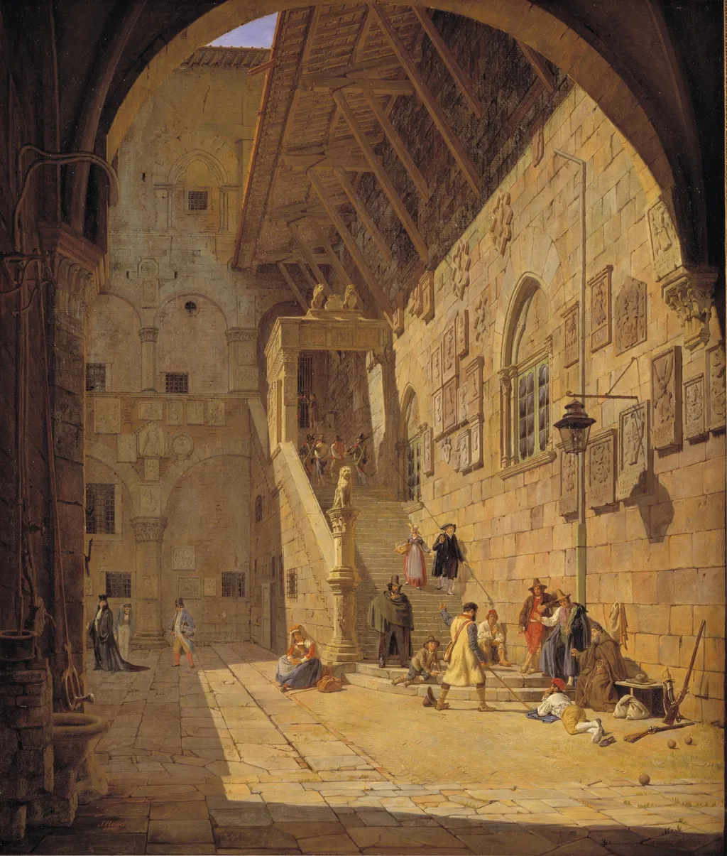 The Courtyard of the Palazzo del Bargello. Florence, by Jørgen Roed, oil, 1842