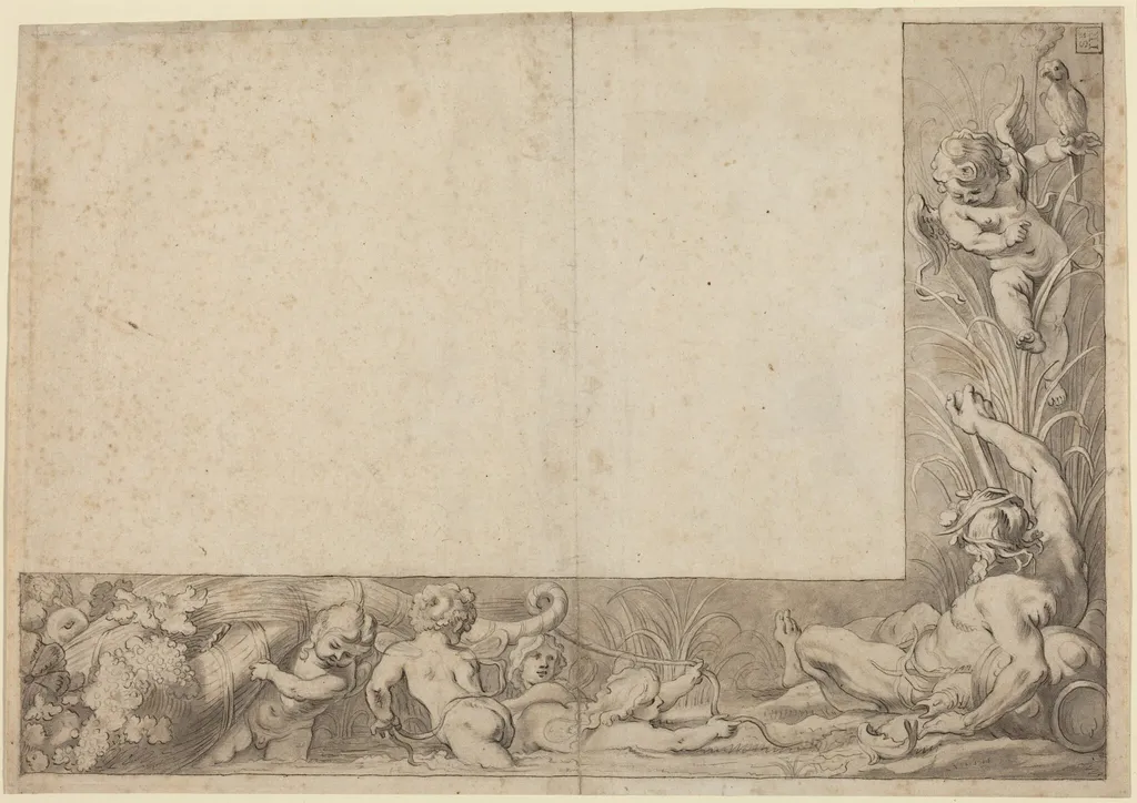 River God with Putti, by Cornelis Schut I, ink, 1626