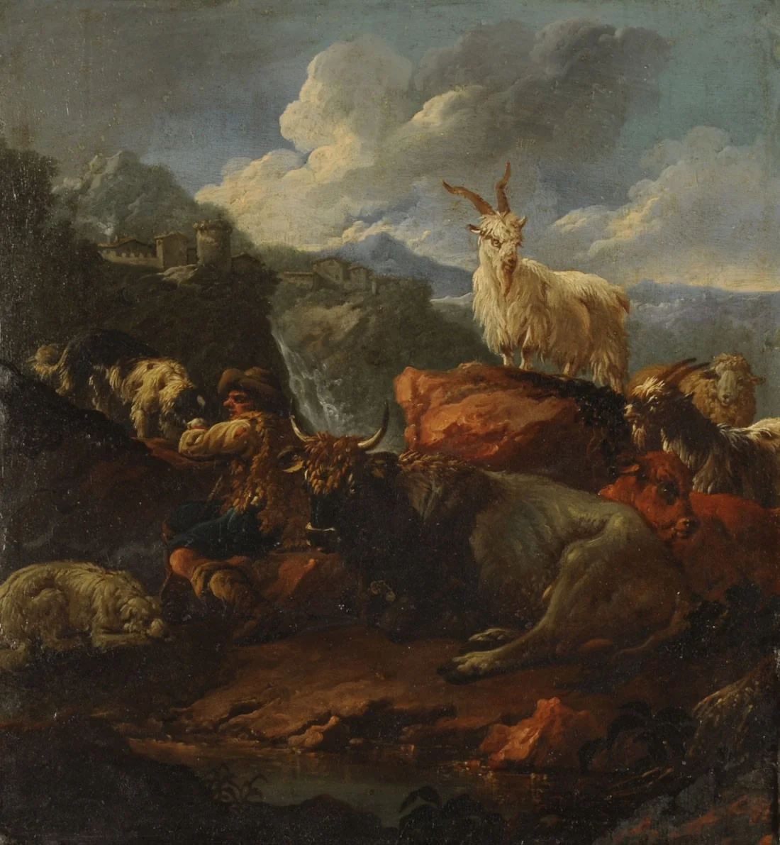 Shepherd and animals in a landscape, detail