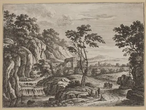 Landscape with Ruins and a Waterfall, by Johann Christoph Dietzsch, ink, 1740