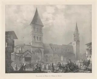 Vue general de l'Église de l'Abbaye de Tournus, by Richard Parkes Bonington, ink, 1825