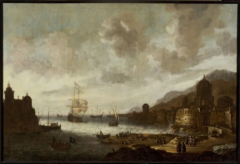 Dutch ship in an exotic port, by Abraham Beerstraaten
