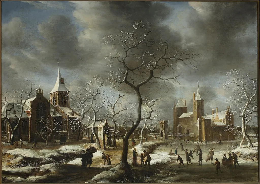 Landscape with ice-skaters, by Abraham Beerstraaten, oil, 1700