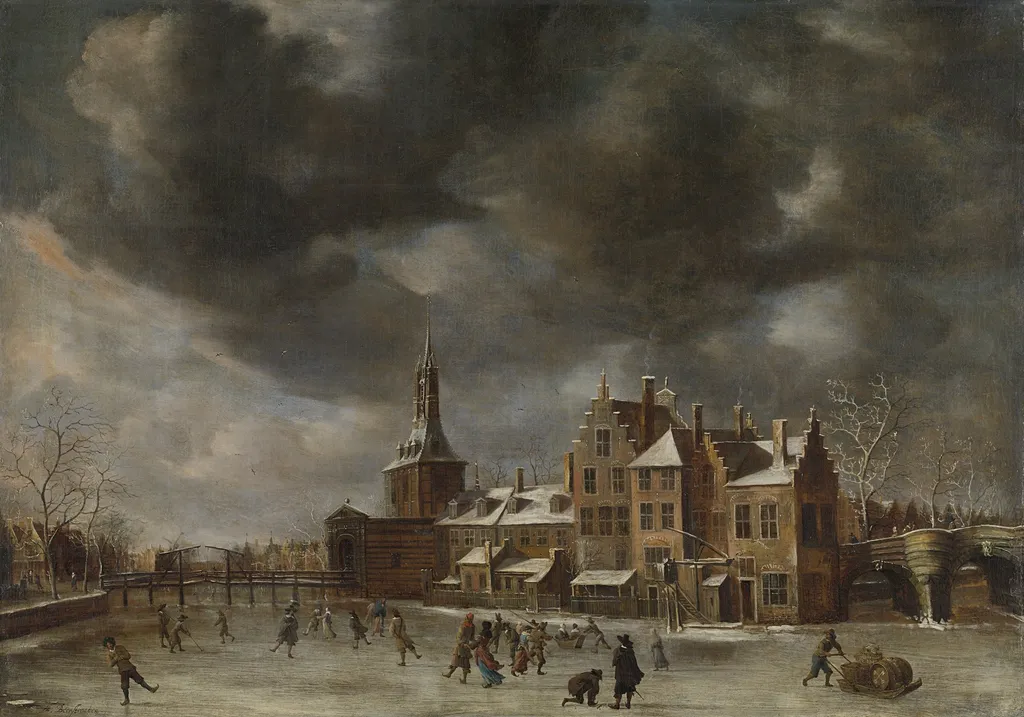 The Blauwpoort in Leiden in the winter, by Abraham Beerstraaten, oil, 1659