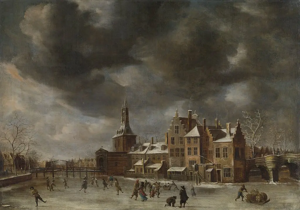 The Blauwpoort in Leiden in the winter, by Abraham Beerstraaten, 1659