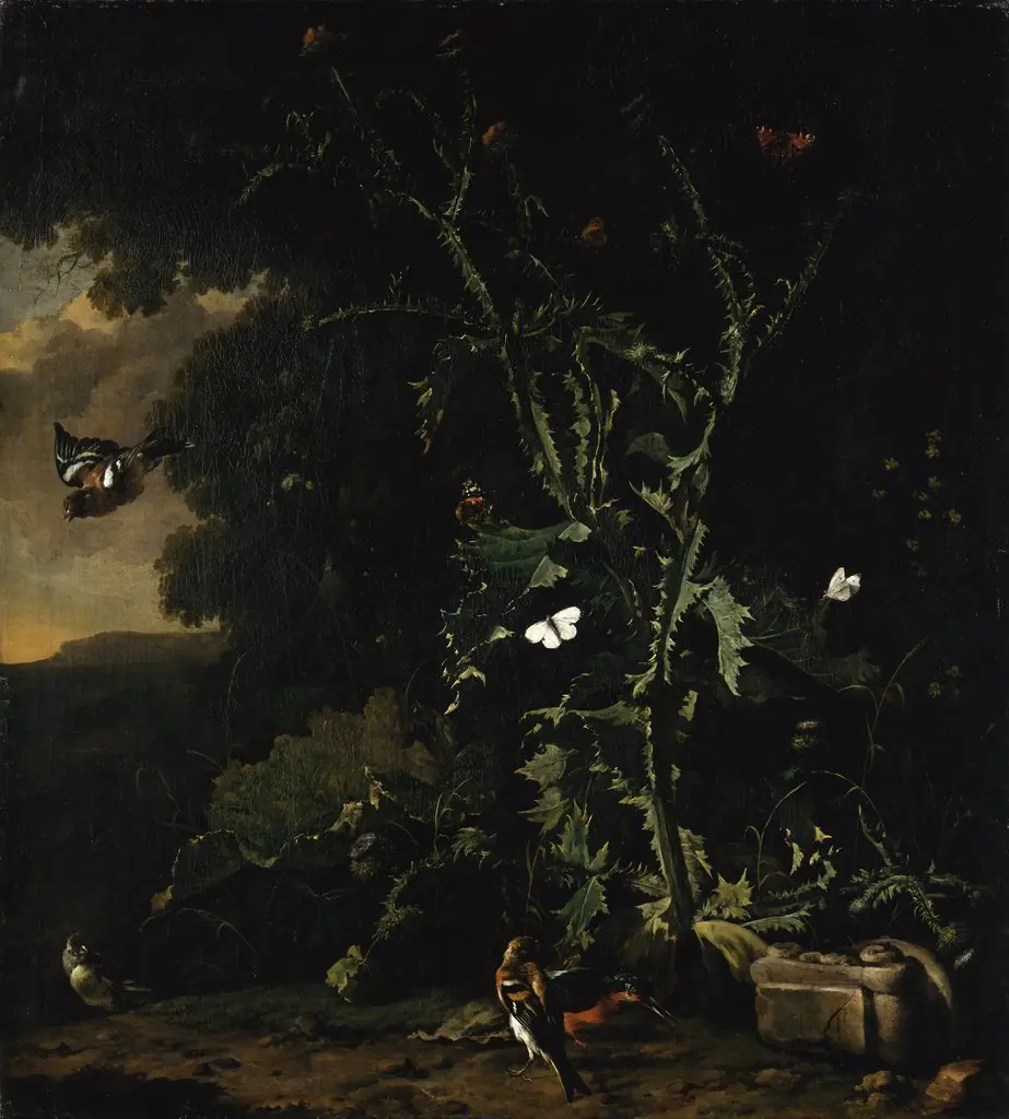 Still Life with Thistles and Birds, by Abraham Begeyn