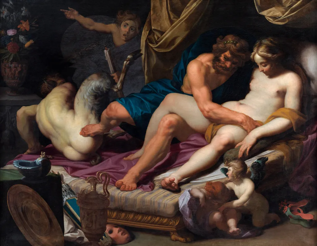 Hercules Kicking Faunus out of Omfale's Bed, by Abraham Bloemaert, oil, 1607