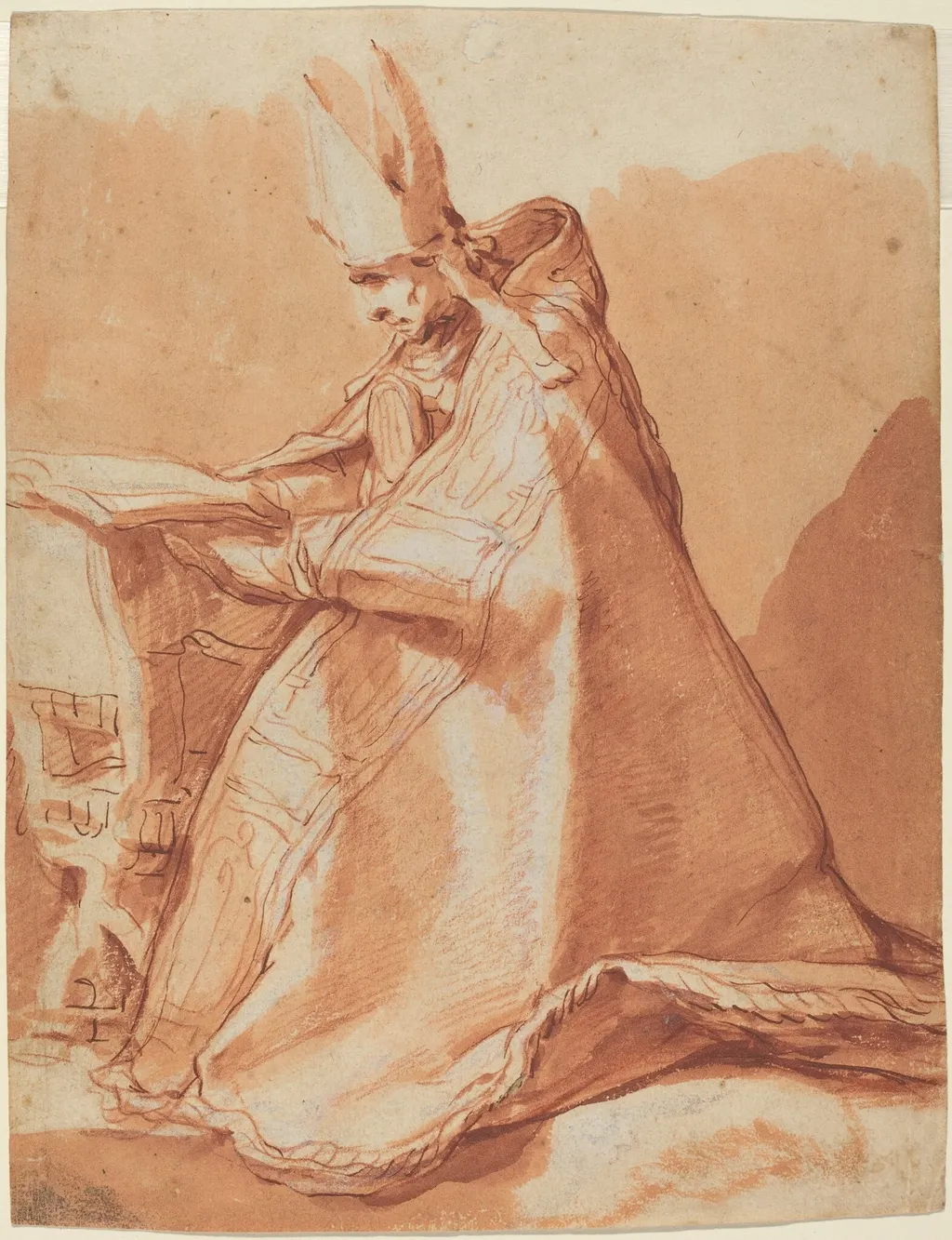 Seated Bishop, by Abraham Bloemaert, ink, 1625
