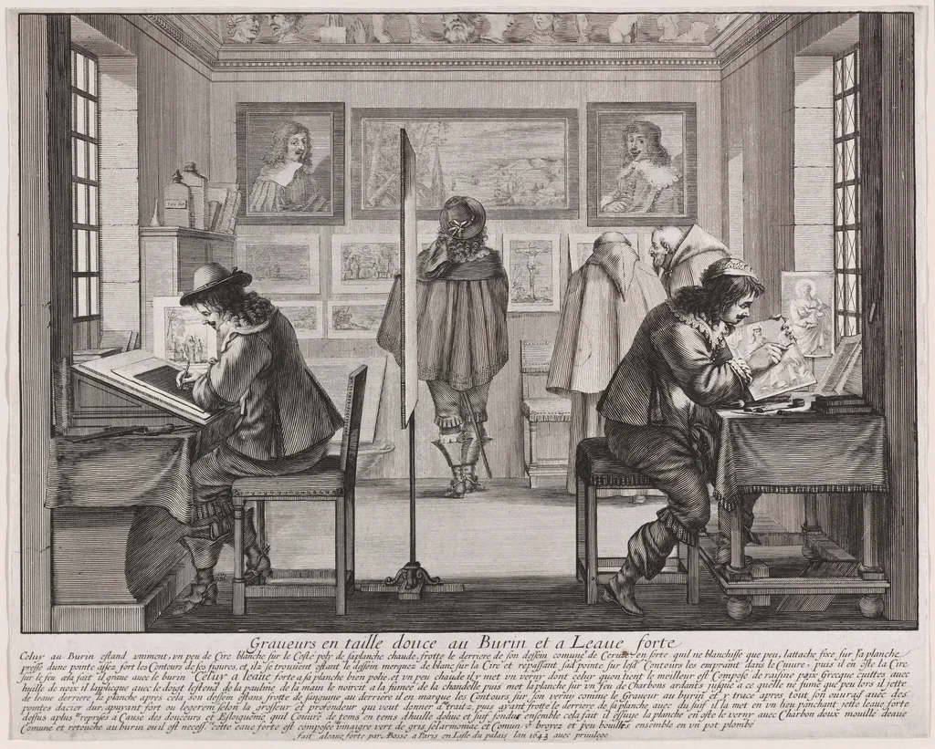 Graveurs en taille douce au burin et à l'eau forte (Copper Plate Engravers and Etchers), by Abraham Bosse, ink, 1643