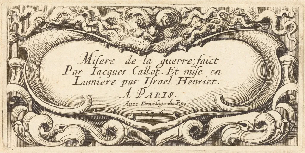 Title Page for Callot's "The Small Miseries of War", by Abraham Bosse, ink, 1636