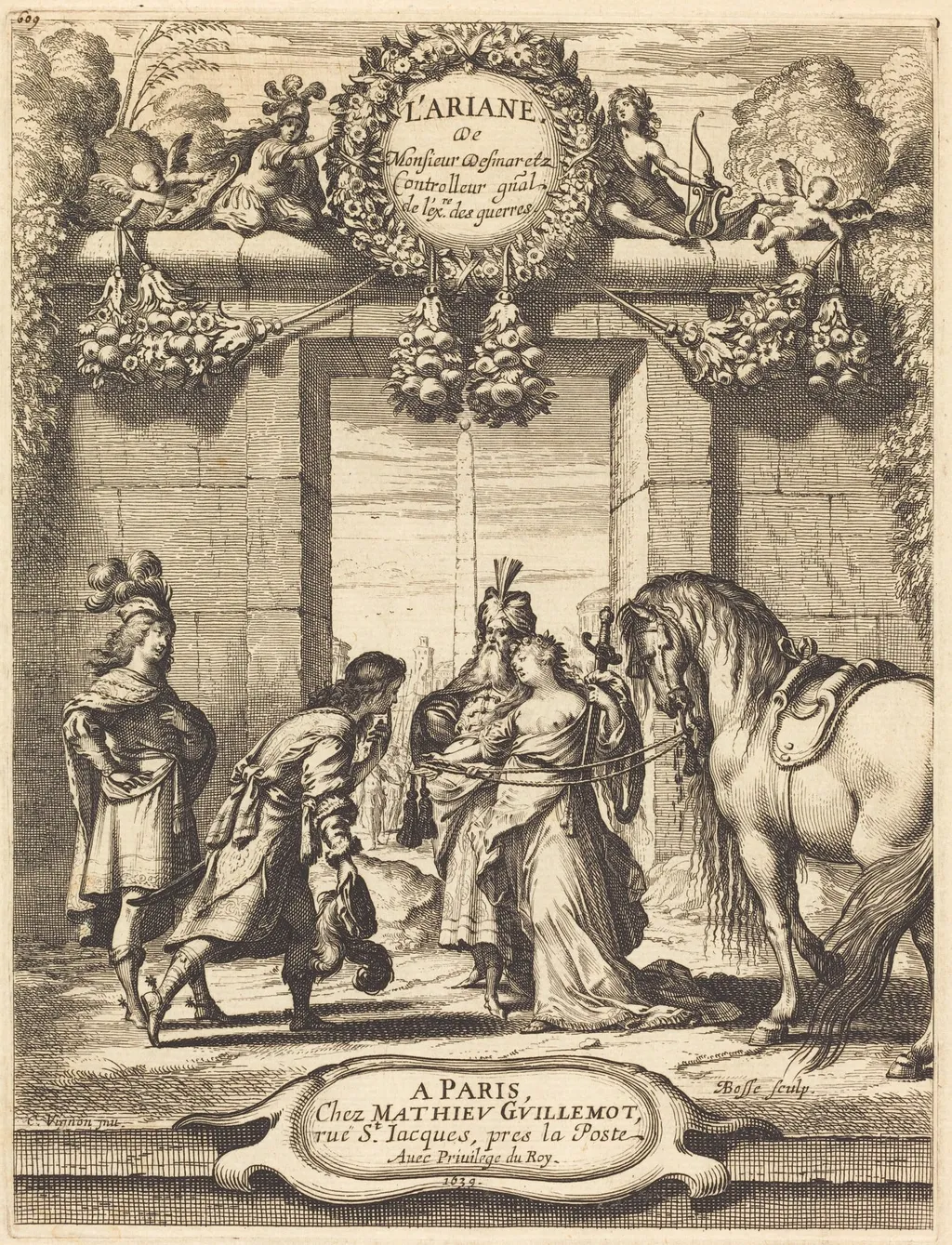 Title Page to Jean Desmarets' "L'Ariane", by Abraham Bosse, ink, 1639