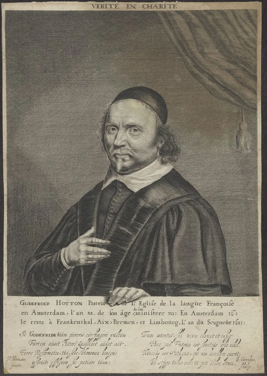 Portrait of Godefroid Hotton, Walloon minister at Amsterdam, by Abraham, Conradus, unspecified, 1650