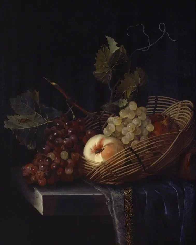 Still Life of a Peach and Grapes, by Abraham de Lust