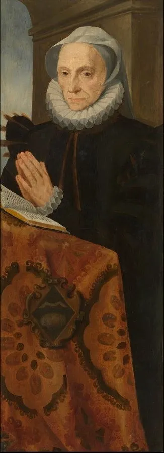 Portrait of Marie le Batteur praying, by Abraham de Rijcke, oil, 1592
