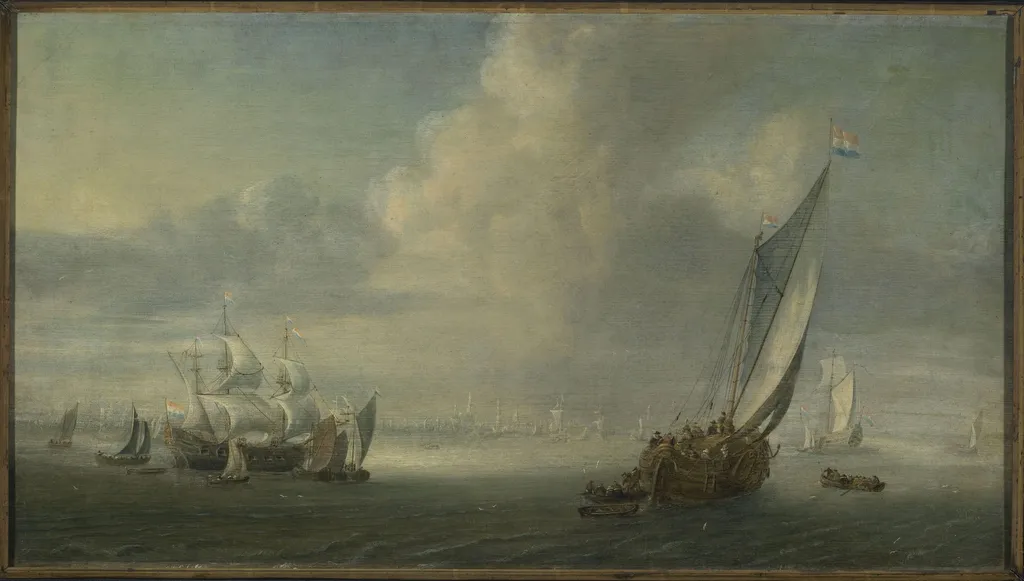 Marine view with a port in the background, by Abraham de Verwer, oil, 1625