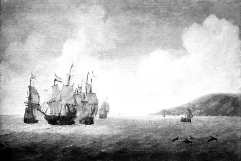 Naval Battle between Dutch and Spanish Ships of the Line, by Abraham de Verwer, oil, 1643