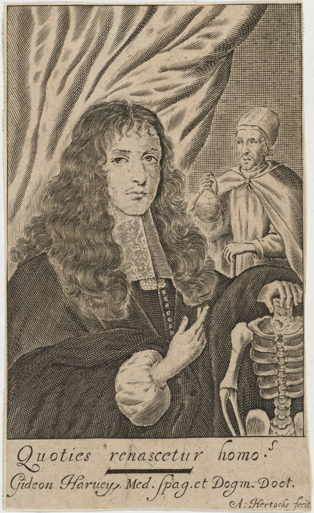 Dr. Gideon Harvey, Physician of Charles II and James II, by Abraham Hertochs, ink, 1639
