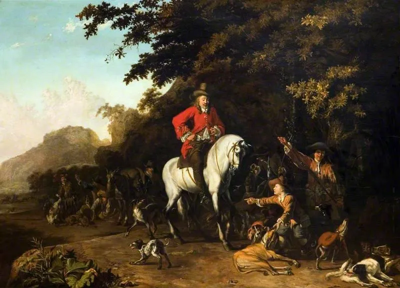 Huntsmen with Dogs, by Abraham Hondius, oil, 1671