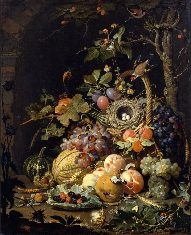 A bird's nest in a fruit basket, by Abraham Mignon