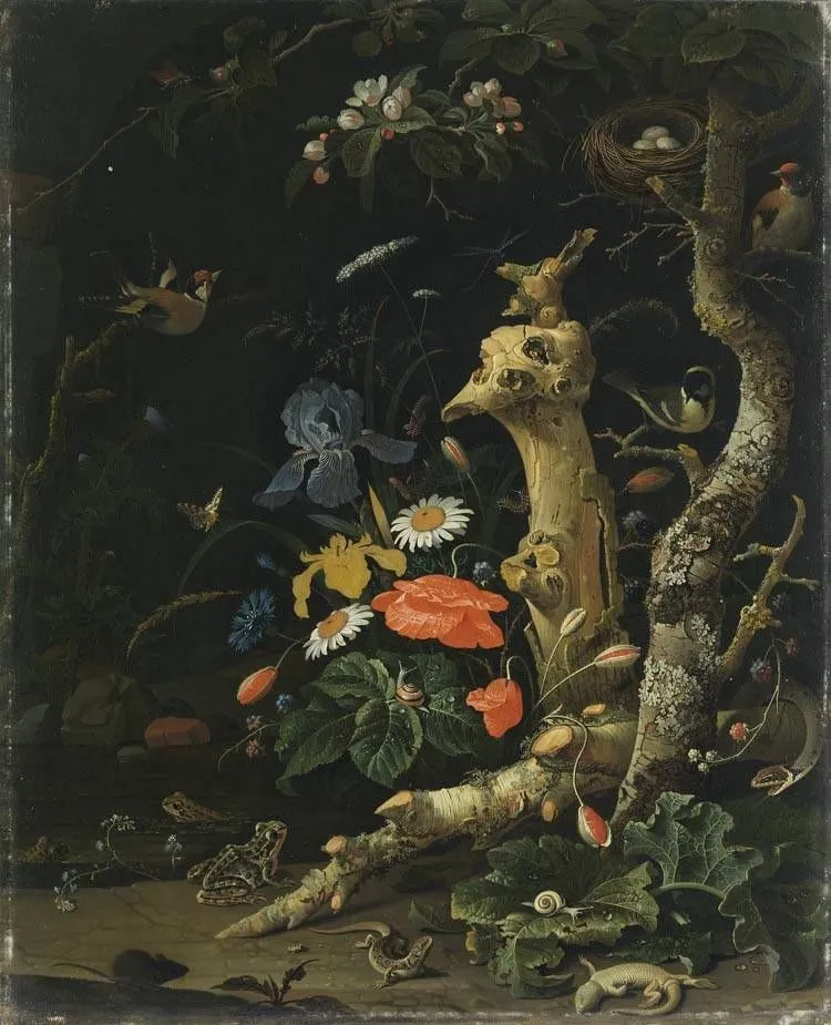 Field flowers in woodland, by Abraham Mignon, oil, 1671