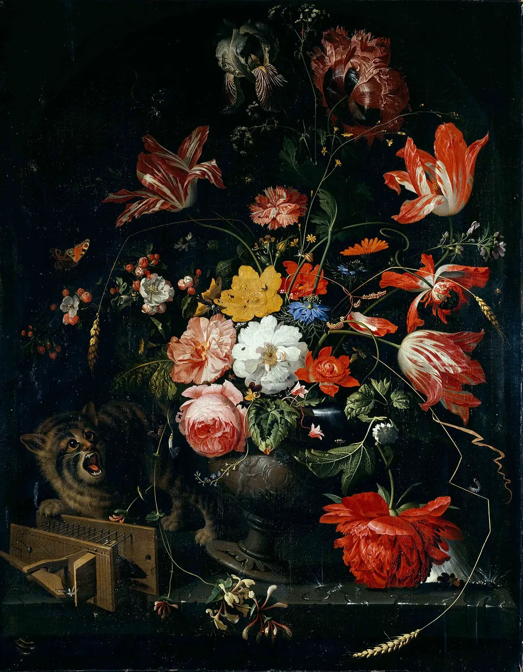 Flower piece with cat and mousetrap, by Abraham Mignon, oil, 1670
