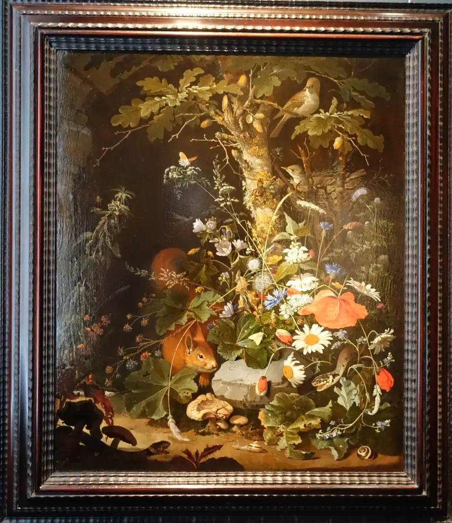 Forest floor still life with flowers, animals and insects, by Abraham Mignon