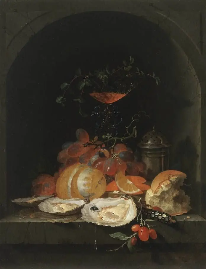 Fruit and oysters in a niche, by Abraham Mignon