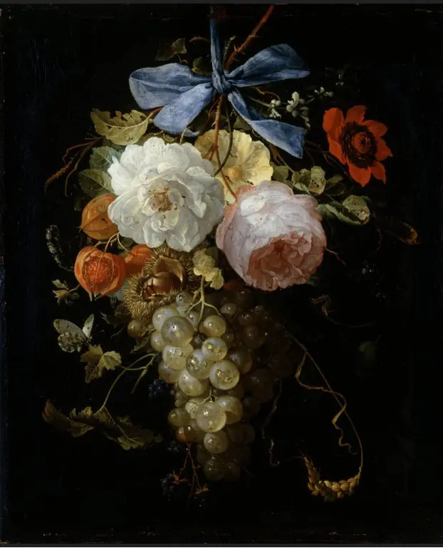 Fruits and flowers on a blue ribbon, by Abraham Mignon