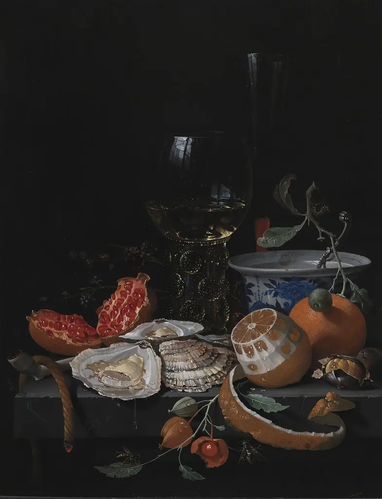 Oysters, Fruit and a Wineglass on a Stone Table, by Abraham Mignon