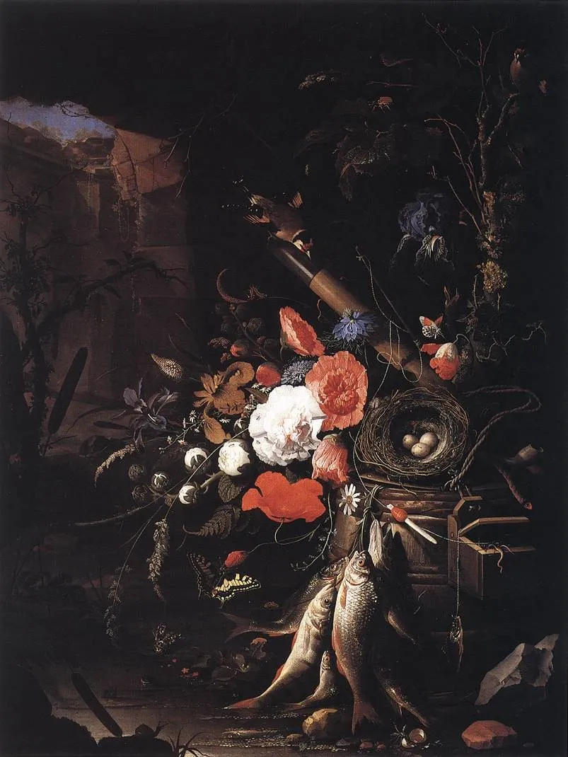 Still Life in a Grotto with Flowers, Fish and a Bird's Nest, by Abraham Mignon, oil, 1674