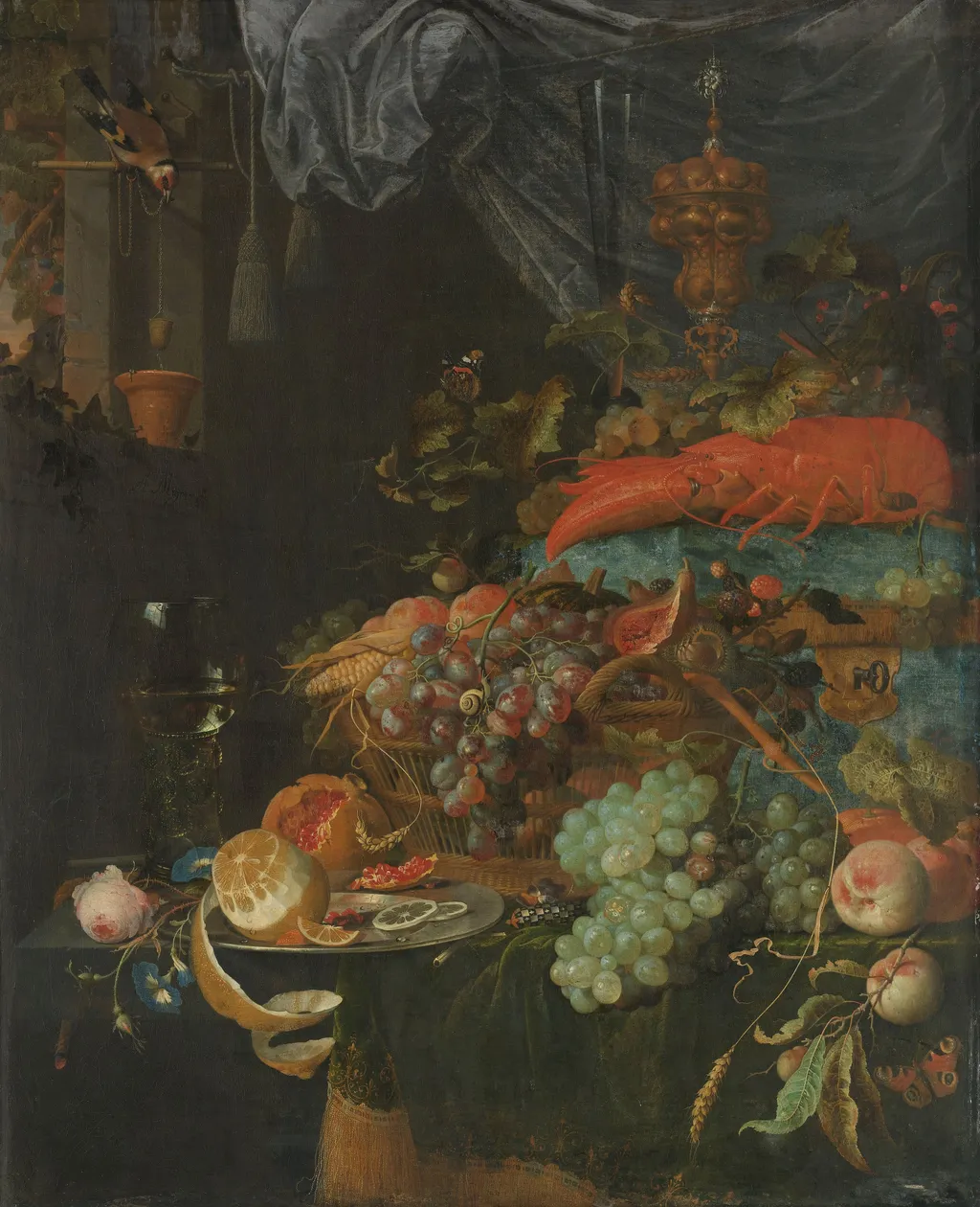 Still life with fruit and a finch drawing water, by Abraham Mignon, oil, 1660