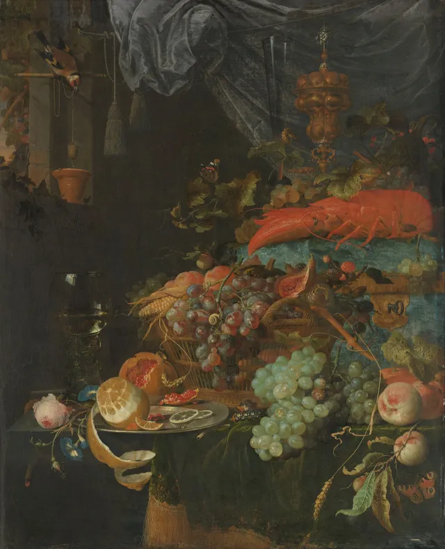 Still life with fruit and a finch drawing water