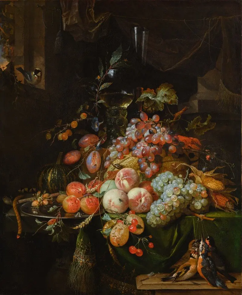 Still Life with Plums, Peaches, Apricots, Grapes and a Melon, by Abraham Mignon
