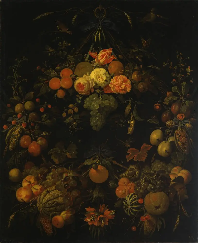Wreath of fruit, with some flowers, suspended from a metal ring, by Abraham Mignon