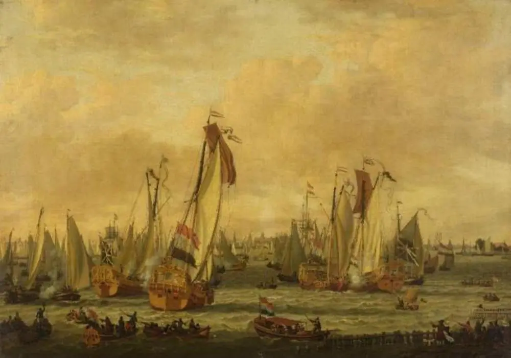A marine sham-fight on the Y before Amsterdam, by Abraham Storck