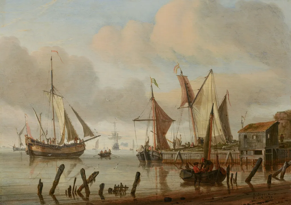 Boats at a Mooring Place, by Abraham Storck, oil, 1692