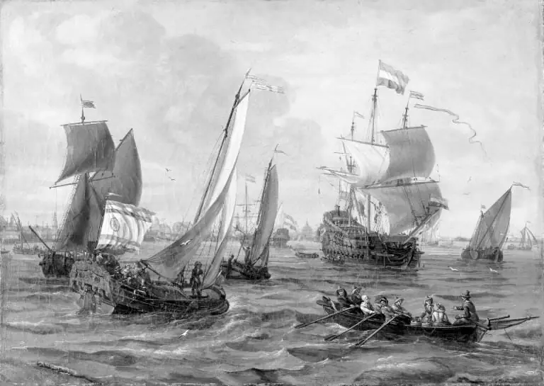 Skibe og robåde på havet ud for Amsterdam, by Abraham Storck